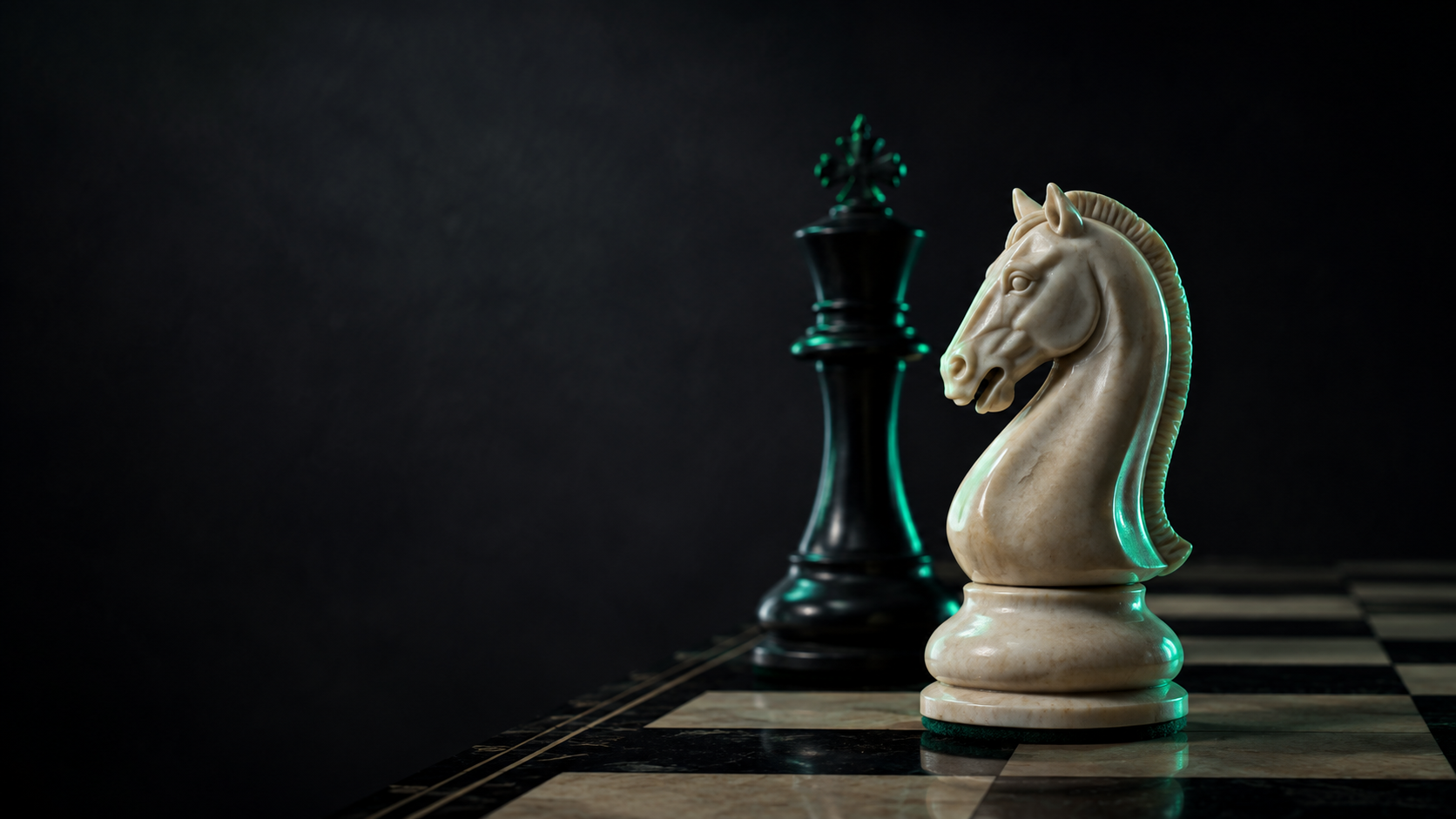 Ivory knight and black king on a dramatically lit chessboard
